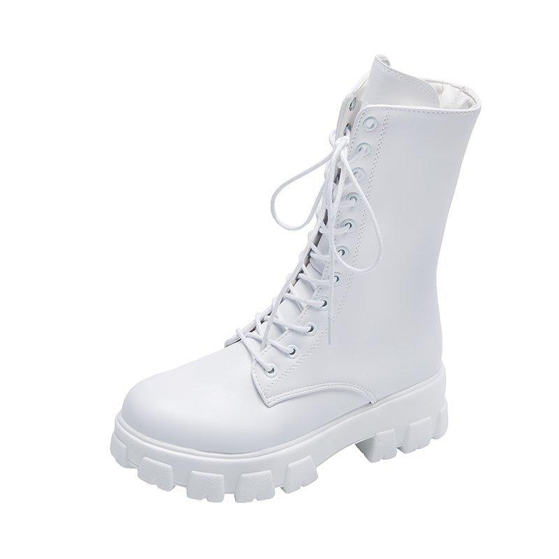 Mode Damen 8s Stiefel PU-Leder Weiß Stiefeletten Herbst Winter Motorradstiefel Mode Damen Klobiger Absatz Plateau-Stiefeldd4 37 weiß