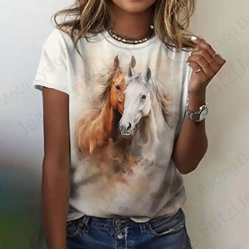 Sommer Vintage Damen T-Shirt Pferd 3D Druck T-Shirt Damenmode T-Shirt Rundhals Kurzarm T-Shirt Kinder Tops Tees Tier M