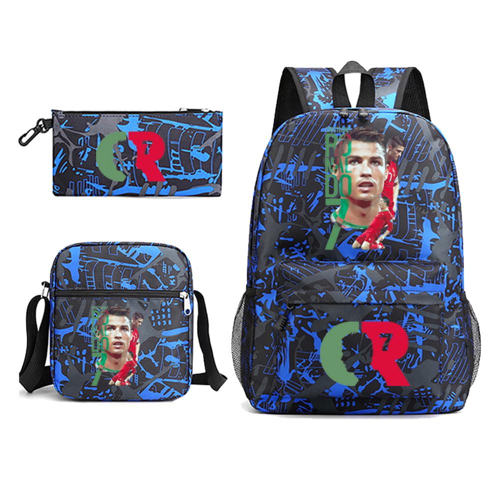CR7 Ronaldo Rucksack Canvas Rucksack Schultasche Rucksack Umhängetasche Federtasche Teenager Schule 3-teiliger Rucksack 15.6 inch blau