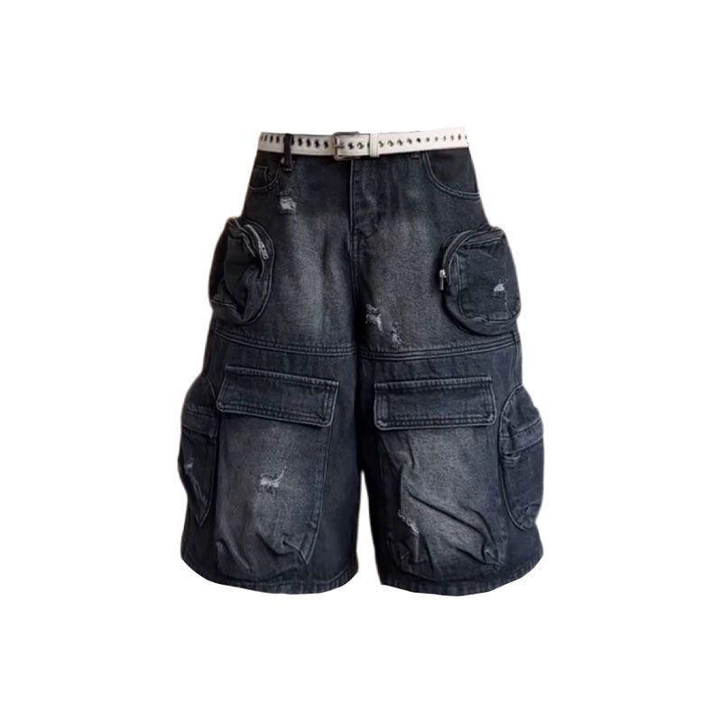 Damen-Jeans mit mehreren Taschen, hoher Taille, Vintage-Arbeitskleidung, Fünf-Punkt-Denim, verwaschenes Design, gerade Hose mit weitem Bein L schwarz grau