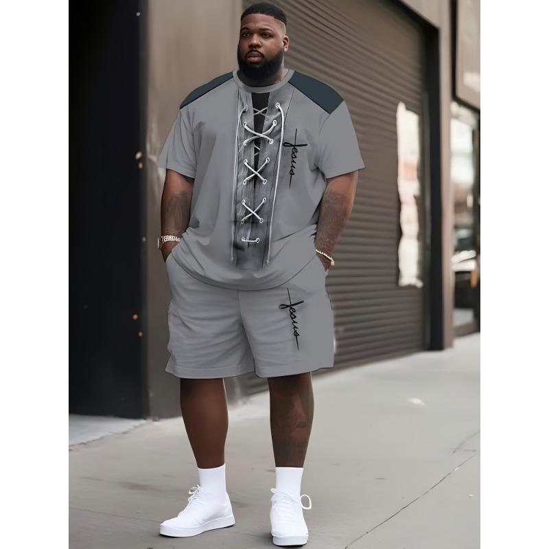 Stilvolles Herren-Fun-Set mit Aufdruck, Oversize-T-Shirt und Shorts für Shopping und Reisen PLUS SIZE 2XL