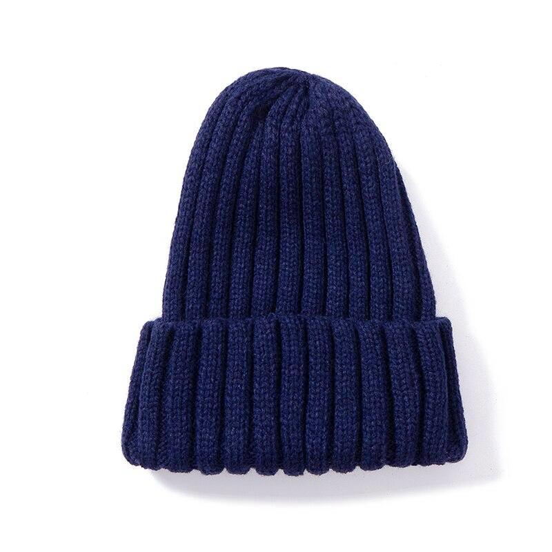 Klassische tägliche Damen-Wintermütze, einfarbig, warm, weich, Hip-Hop-Herbst-Strickmütze, kanadische Farben, Streetwear, Beanies-Kappe 54cm-58cm navy blau