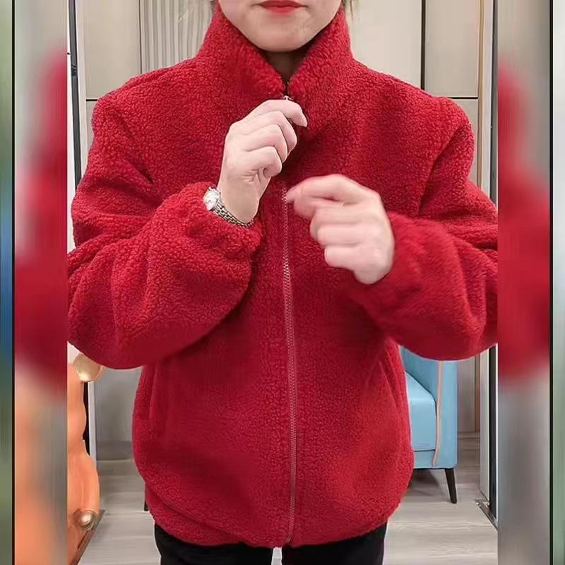 Herbst Winter Fleece Flauschige Jacke Streetwear Harajuku Fuzzy Zipper Mantel Frau Leichte Jacke Plüsch Warme Jacke Mantel M rot