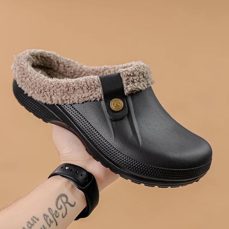 Wasserdichte Pantoffeln Herren Hausschuhe Winter Warm Unisex Fell Hausschuhe Haus Zimmer Hausschuhe Trend Indoor Boden Schuhe Slides Für Frauen 46-47 schwarz grau