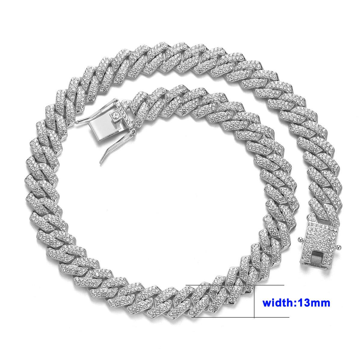 Halskette+Armband Cuban Link Kette Hip Hop Herren Halskette 14mm iced out paris kette 2 Reihen Strassbesetzt Miami Rhombus Cuban 14MM&40cm gray