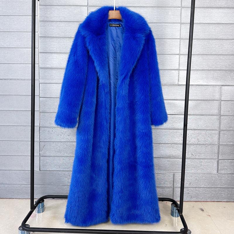 Pelzmantel für Damen, Kunstpelz, Langer Stil, mit gestepptem Kragen, Extra-langer Wintermantel für Damen M königsblau