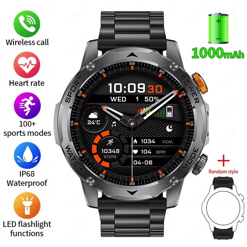 2025 Neue Militärische Edition Smartwatch Herren 1000mAh Akku 1,7-Zoll AMOLED HD Display Bluetooth Anruf Uhr Smartwatch LED Taschenlampe steel belt schwarz