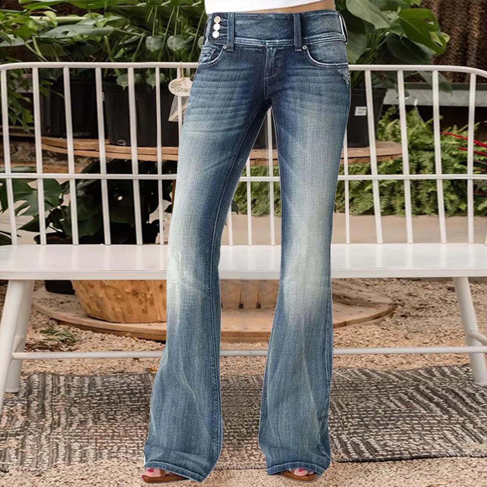 Jeans mit geradem Bein für Damen, zerrissener Saum, Jeans mit niedriger Taille für Damen, Jeans mit weitem Bein für Damen M