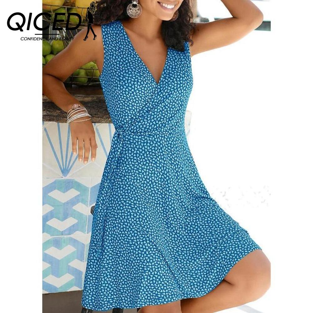QICED Gepunktetes Kleid Damen Ärmellos Bandage Strandkleid Sommer Böhmische Kleider Für Damen Lässige V-Ausschnitt Kleider Weibliches Kleid XXXXL blau
