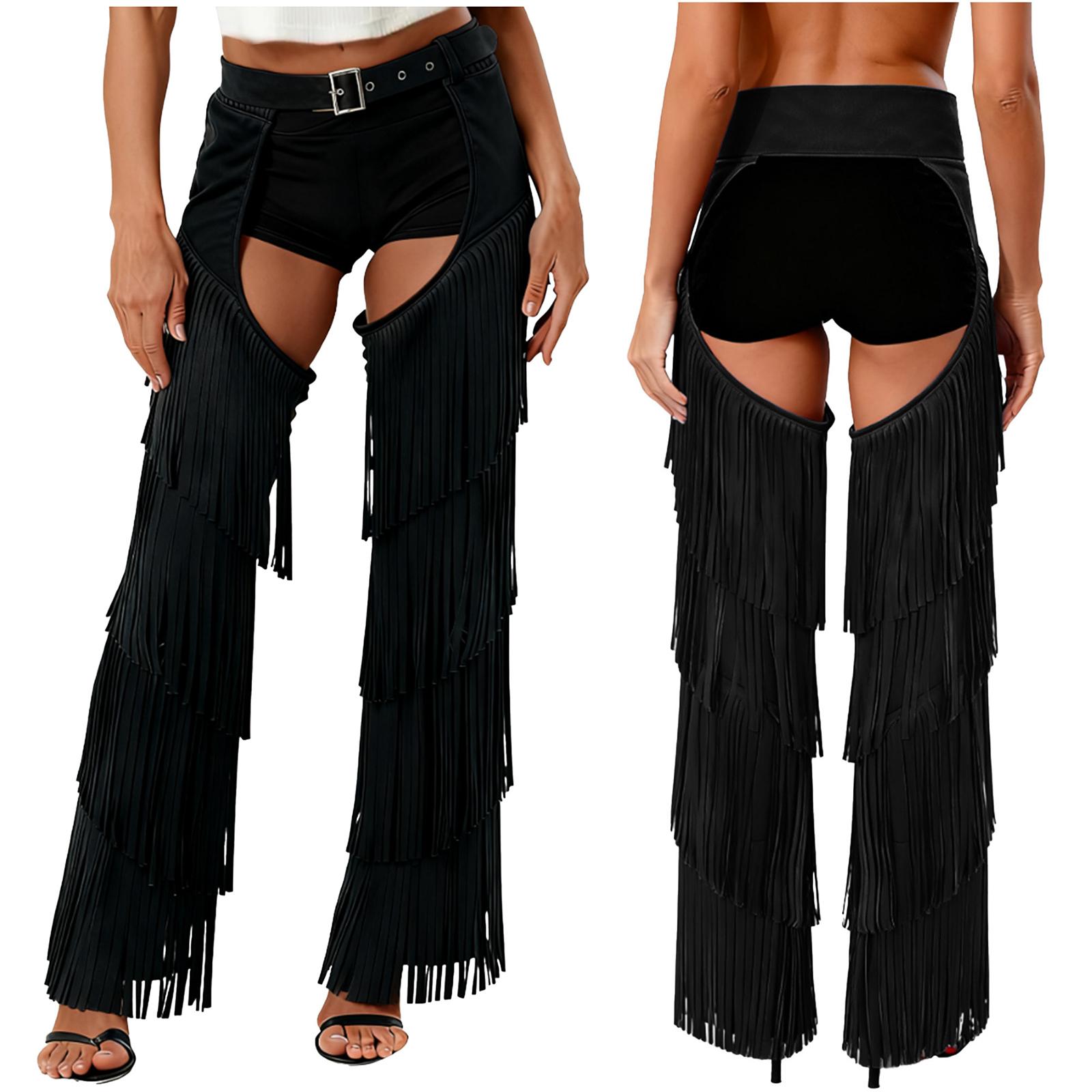Damen Sexy Cowgirl Hosen ohne Gesäß S-3XL, Offener Schritt Fransen Design mit Schnallen für Rave Party Weihnachten Karneval Outfit L schwarz