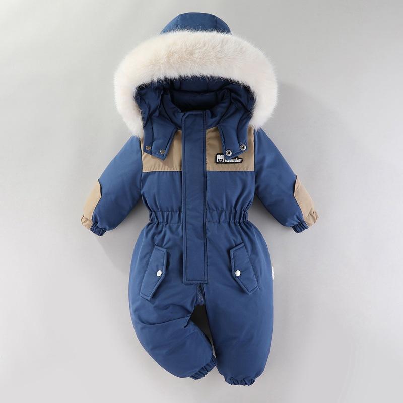 -30 Grad Winter Baby Skianzug Jumpsuit Oberbekleidung Anzüge für Kleinkinder Baby Skianzug Dicker Baby Jumpsuit Wasserdicht Mit Kapuze für Mädchen Jungen 100cm blau