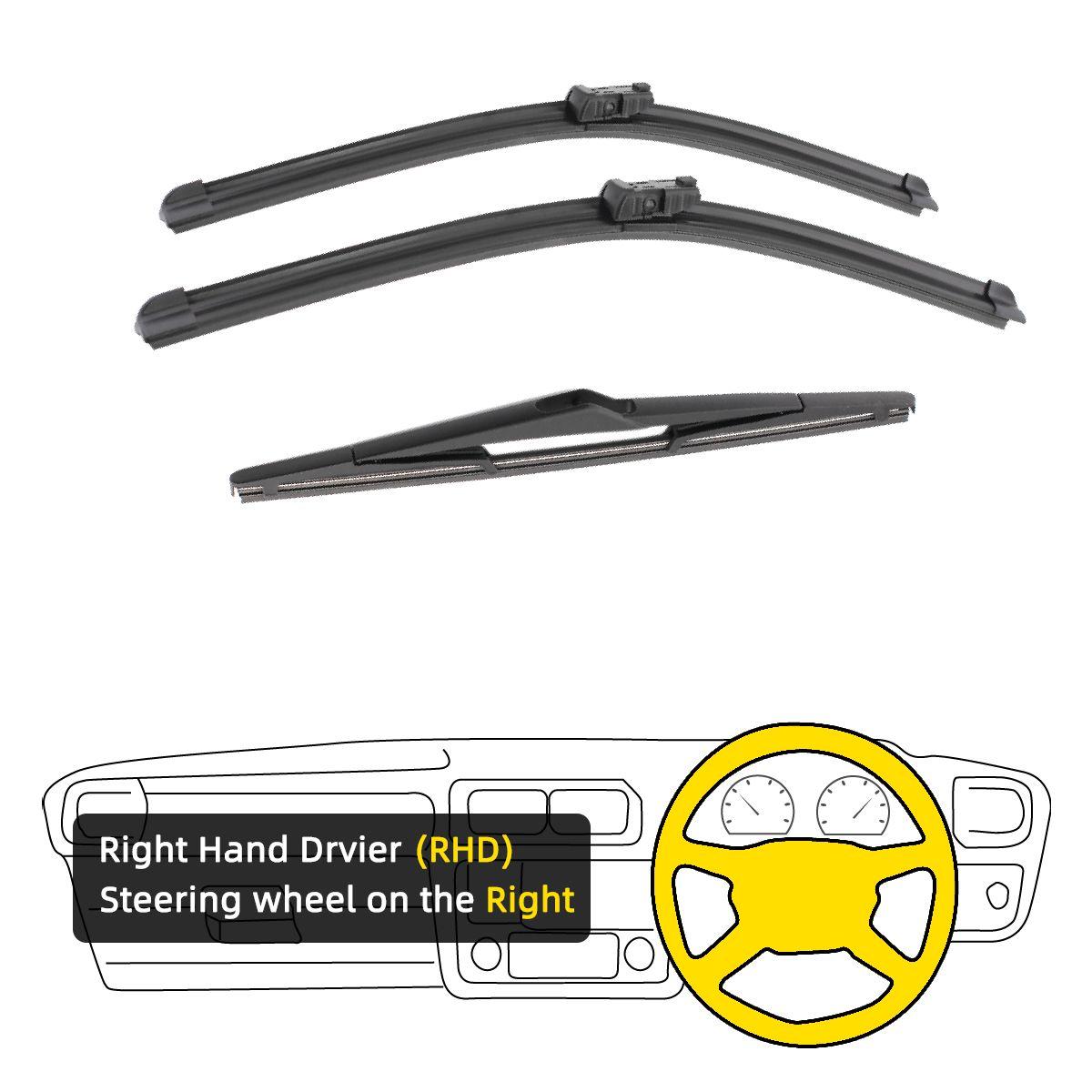 3 Stück für Ford Focus 3 III RS Turnier Fließheck 2011–2017, 28 Zoll, 28 Zoll, 12 Zoll, vorne und hinten, Wischerblätter, Windschutzscheibe, Windschutzscheibe, Fensterschneider, Zubehör, 2016 2017 Right Hand