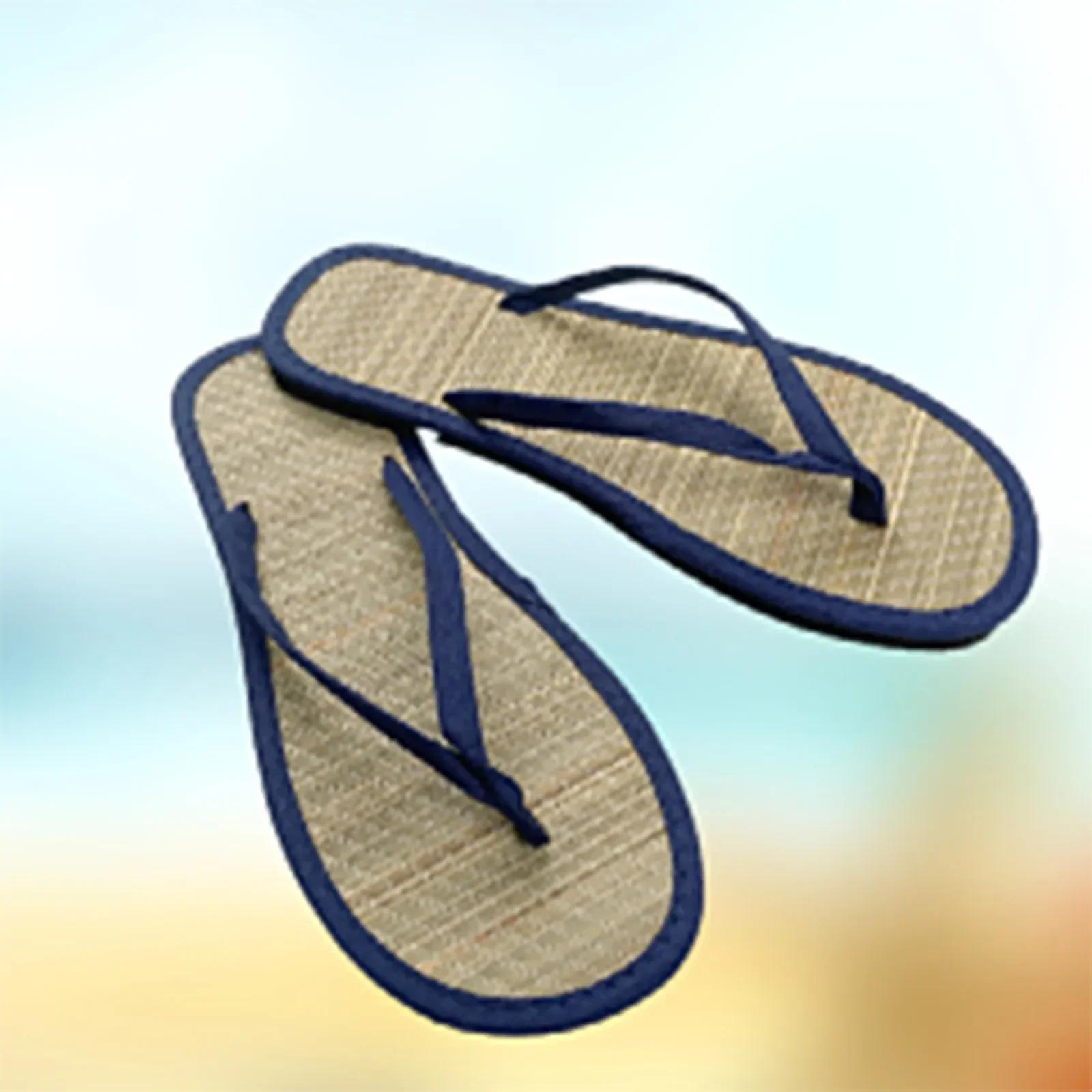 Sommer Damen Flache Flip-Flops Hausschuhe Bequeme rutschfeste Sandalen Bambus Rattan Flip Flop Home Badezimmer Mode Hausschuhe 38 dunkelblaue