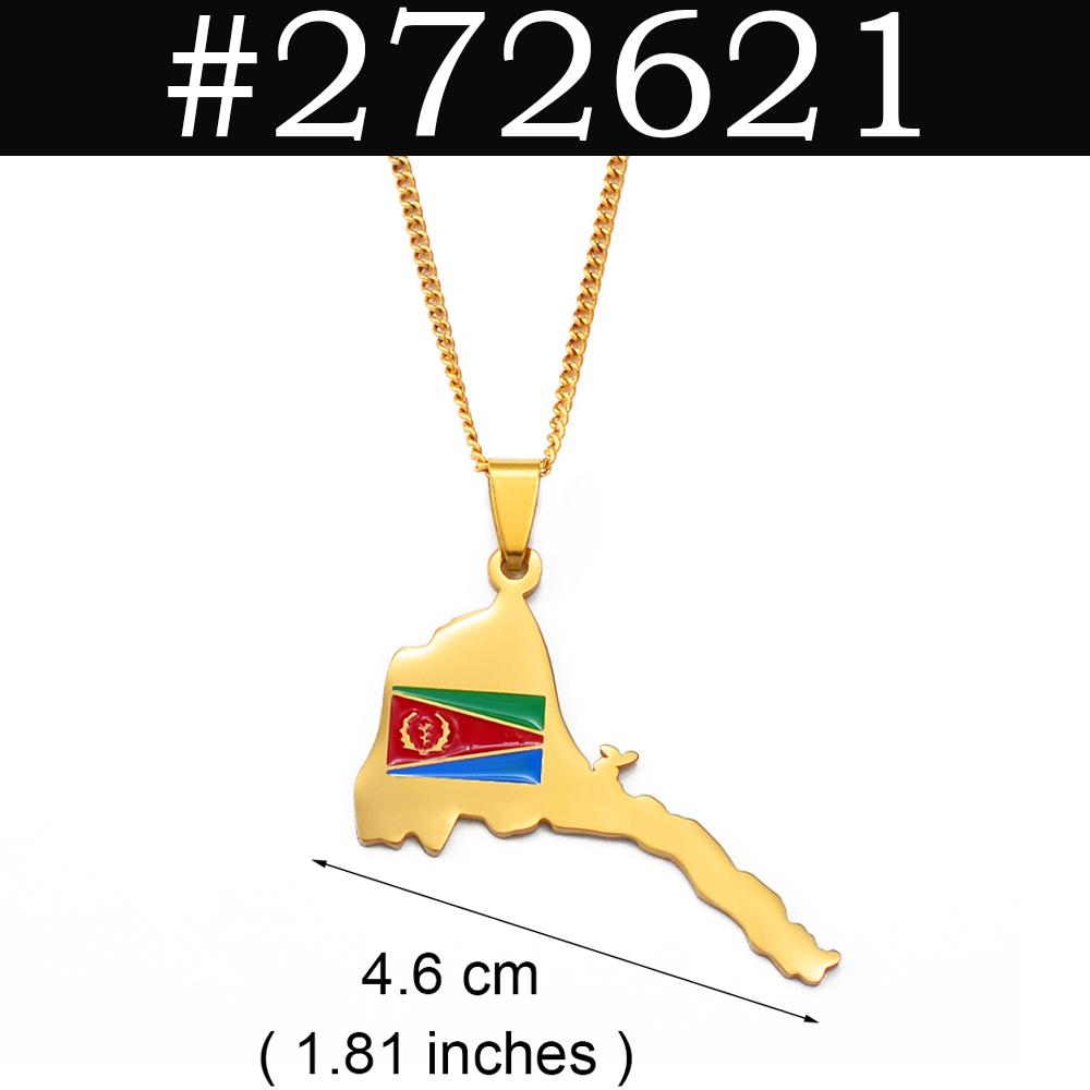 Eritrea Karte Flagge Anhänger Halskette Silber/Gold Farbe Edelstahl Schmuck für Frauen - Männer Afrikanische Karte von Eritrea #272621 Water Wave Chain&45cm / 17.7 inches gold
