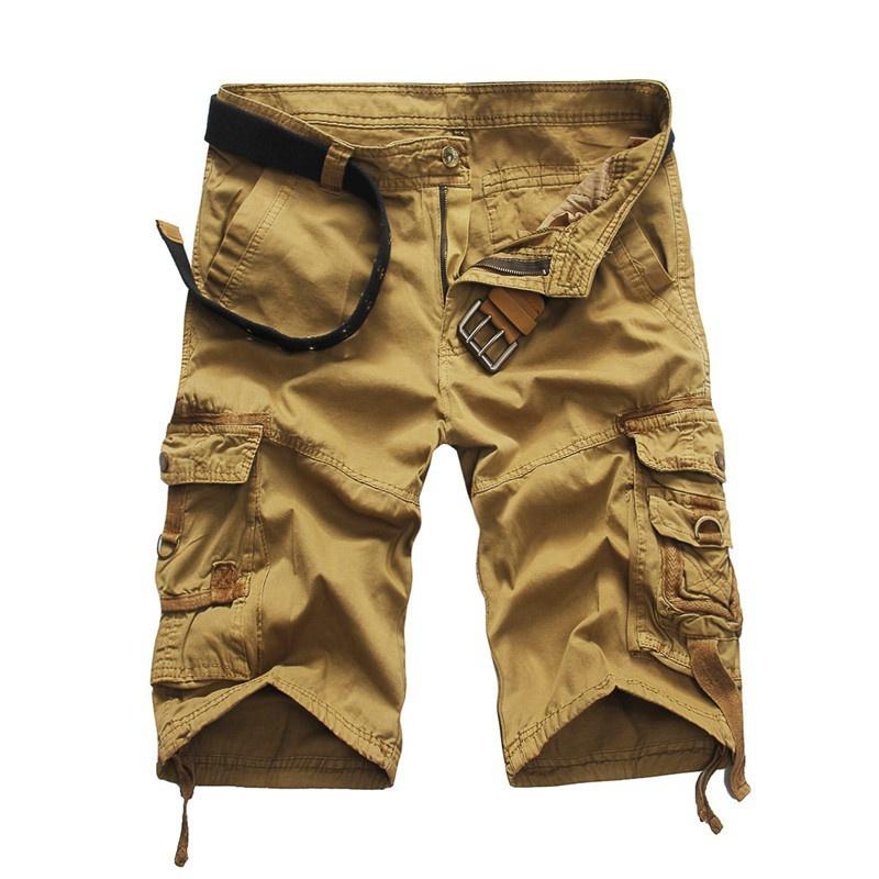 Herren-Cargo-Shorts, lockere Camouflage-Shorts mit mehreren Taschen, einfarbige Shorts, mittelhohe All-Match-Shorts 29 khaki