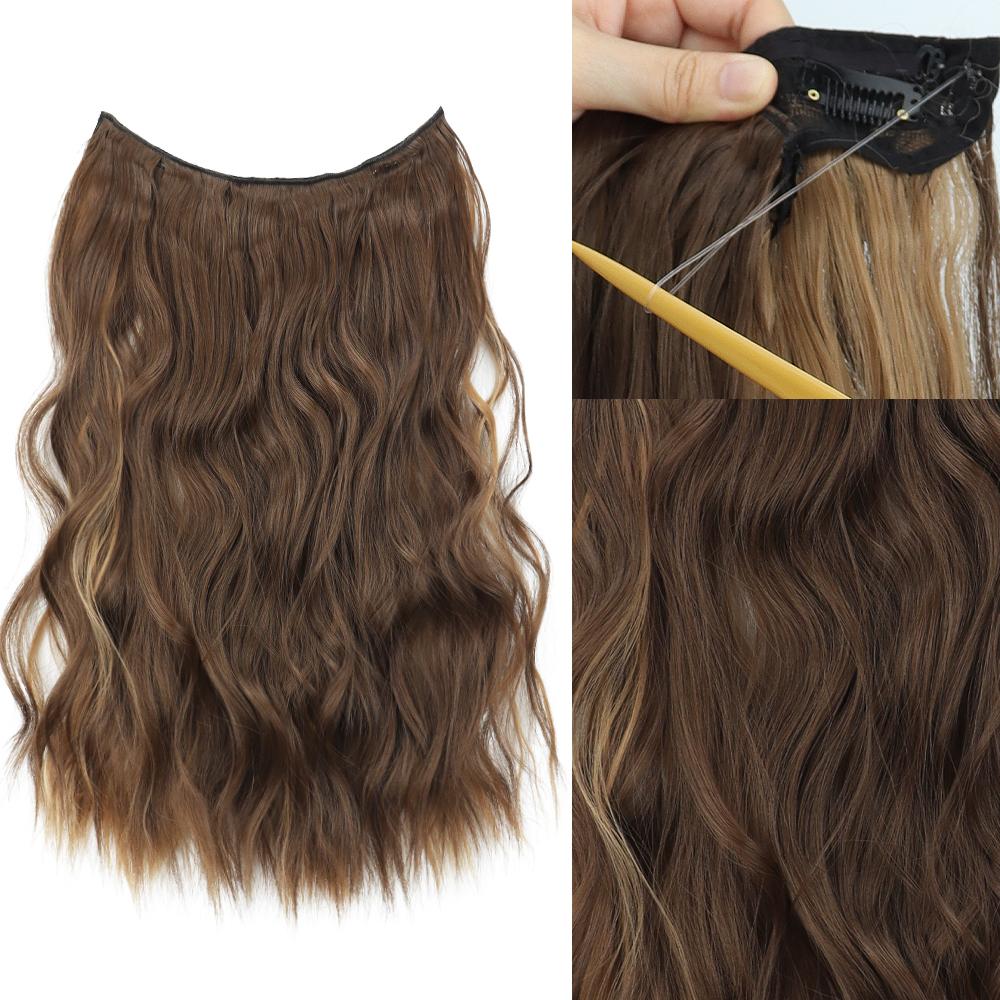 MISSQUEEN Natürliche Braune Frauen Mode Lange Wellenförmige Haarverlängerungen Synthetische Faser Unsichtbare Clips Frauen Täglich Tragen Haarteil 22 Inch