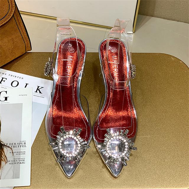Luxus Frauen 7cm High Heels Transparent Sandalen Sonne Blume Kristall Klar Low Heels Sandalen Hochzeit Braut Plus Größe Schuhe 42 rot