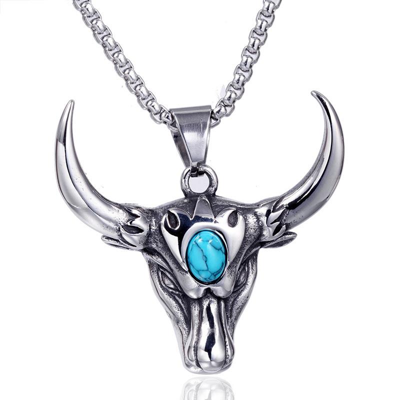 1PC Domineering Nordic Türkis Bull Kopf Tier Anhänger Halskette Männer's Biker Punk Trend Schmuck