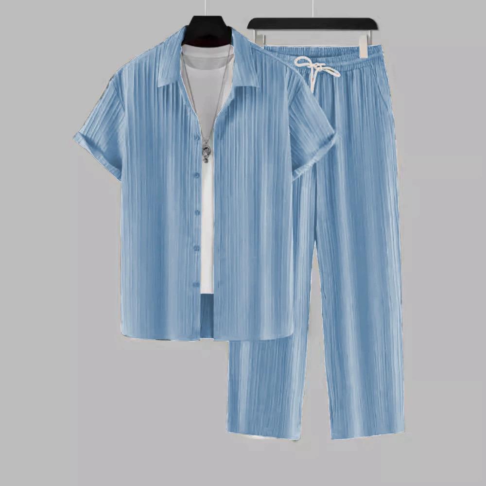 Sommeranzug für Herren Herren Sets Trainingsanzug Set Herren gestreiftes Kurzarmhemd mit Knopfleiste und Kragen, Jogginghosen-Set 2XL blau