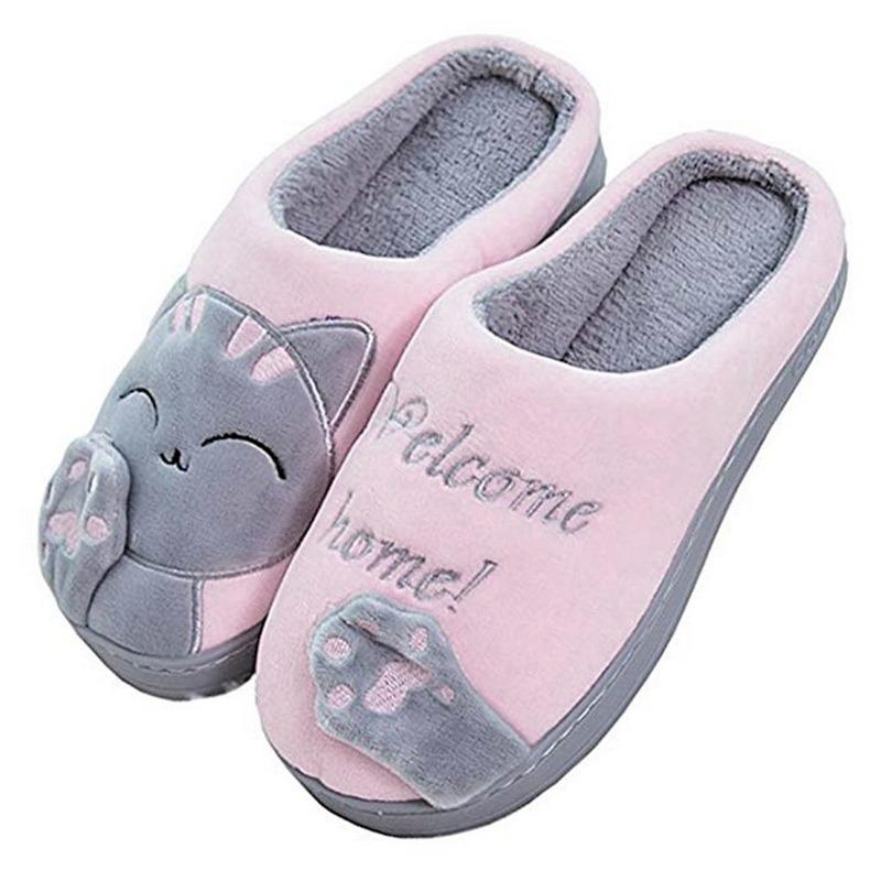 Frauen Winter Zu Hause Hausschuhe Cartoon Katze Hausschuhe Anti Slip Weiche Warme Plüsch Innen Haus Hausschuhe Schlafzimmer Paare Boden Schuhe 44-45