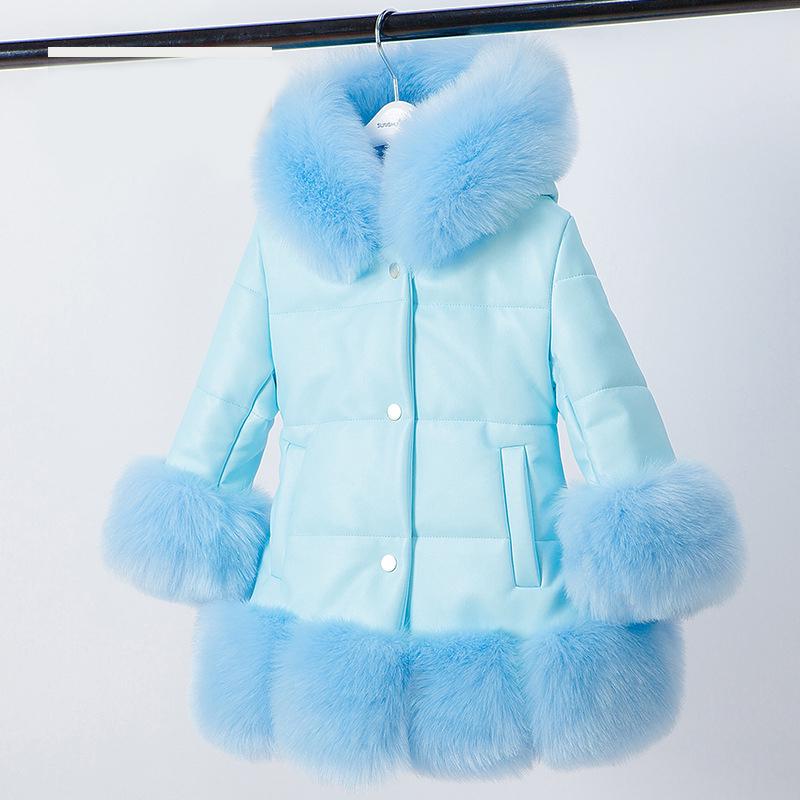 YUBAOBEI Weihnachts-Winter-dicke warme Mädchen-Lederjacke für Kinder, einfarbig, Plüsch, Stehkragen, Kapuzenmantel 3T blau