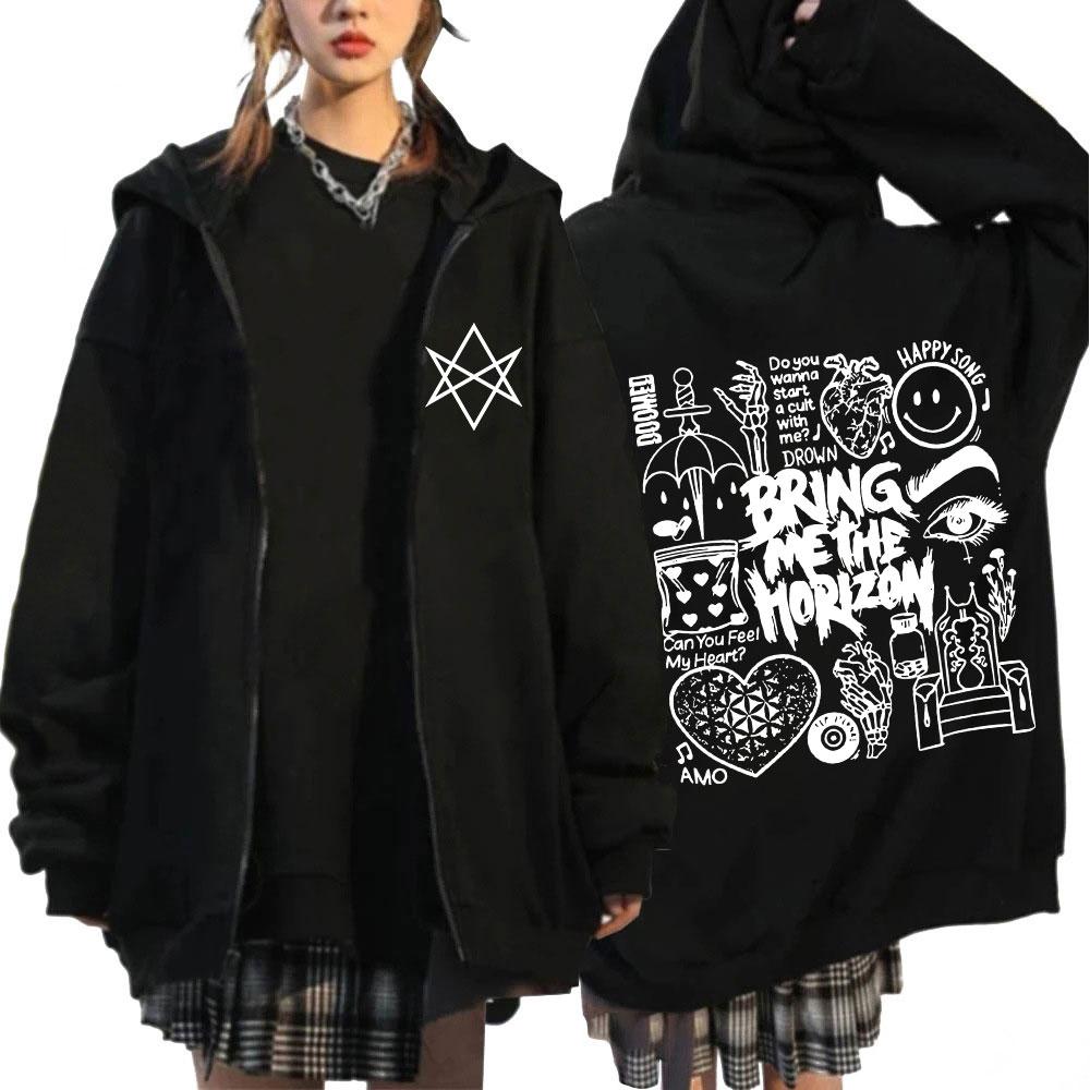 BringMe TheHorizon Zipper Hoodies BMTH Heavy Metal Rock Band Zip Up Hooded Sweatshirts Herren Damen Hoodie Gemütliche Jacken XL gray