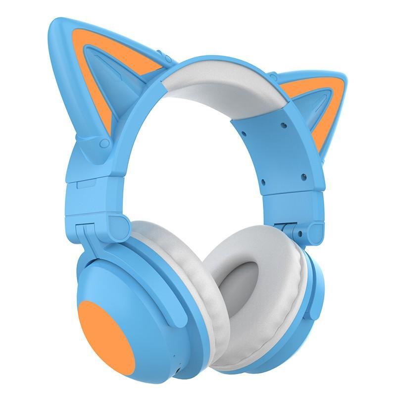 Faltbarer, am Kopf montierter Katzenohr-LED-Gaming-Headset mit starkem Bass, Bluetooth 5.0-Kopfhörer, echter kabelloser Kopfhörer mit Mikrofon blau