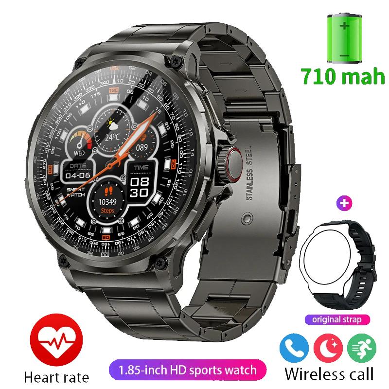 2024 Neue GPS-Track-Smartwatch in Militärqualität für Herren, 1,85 Zoll, Ultra HD, Bluetooth-Anruf, 710 mAh, Blutdruck, Blutsauerstoff, Smartwatch Silicone + steel schwarz