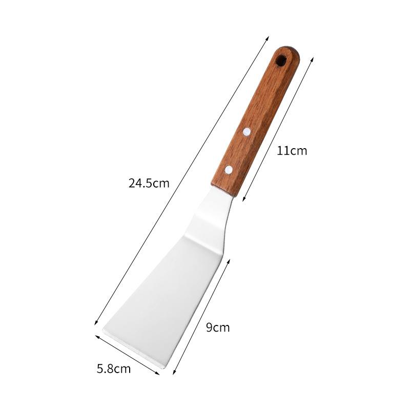 Edelstahl Holzgriff Kochspatel Steak Pfannkuchen Braten Schaufel Teppanyaki Schaber Grill Werkzeug Küchenzubehör brown