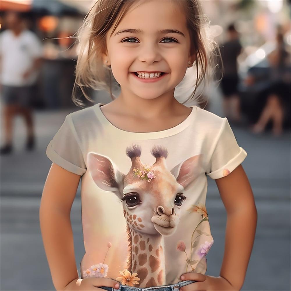 2024 Tier Giraffe Baby Mädchen T-Shirt Sommer Casual Kurzarm Mädchen T-Shirt Coole 3D Gedruckte Lustige Kinderkleidung 130