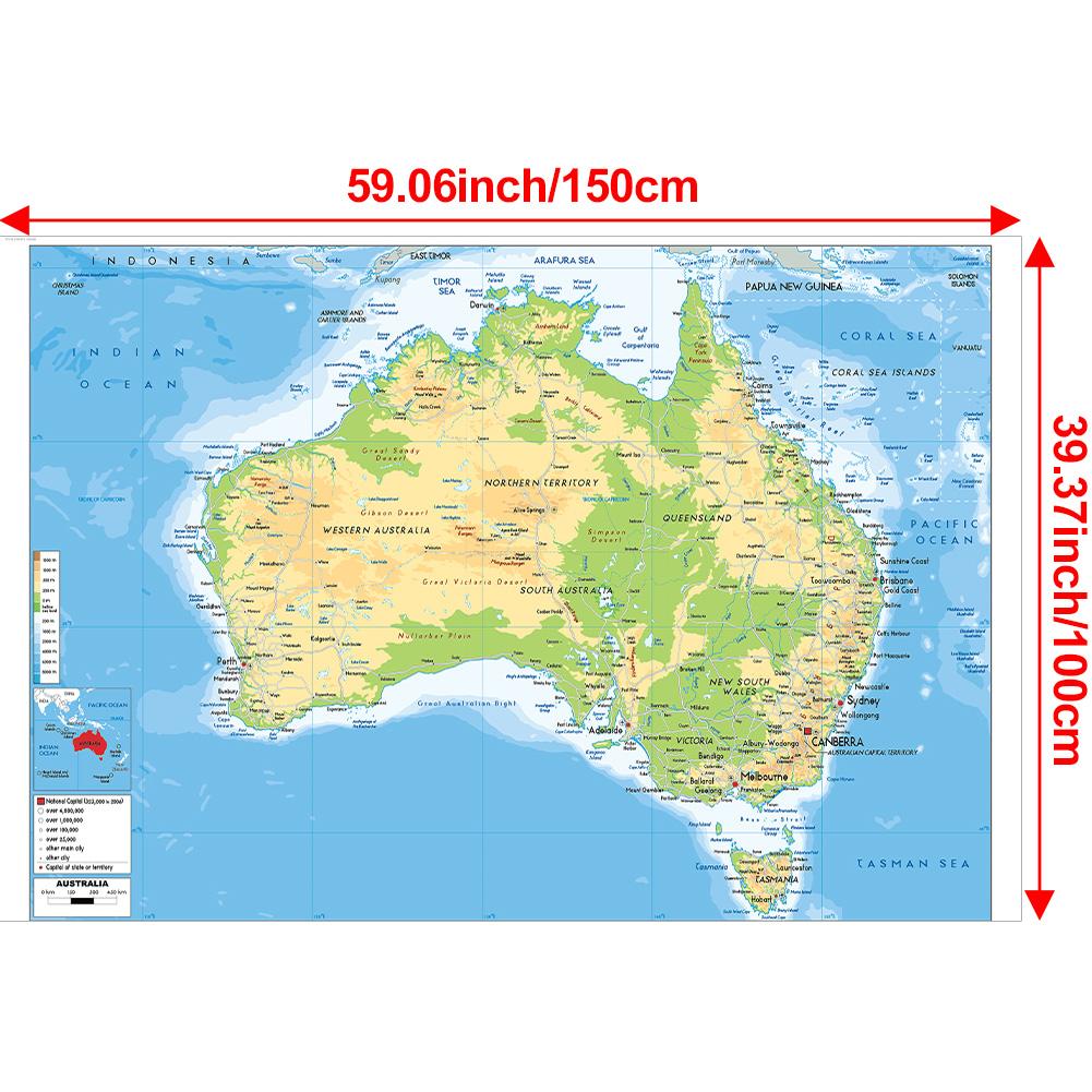 Rahmenlose Karte von Australien-Geografische Karte,Wanddeko,Studium,Geschenk,Studien-& Reiseplanung,Pädagogische Wandkunst,Heimdekoration 100*150cm
