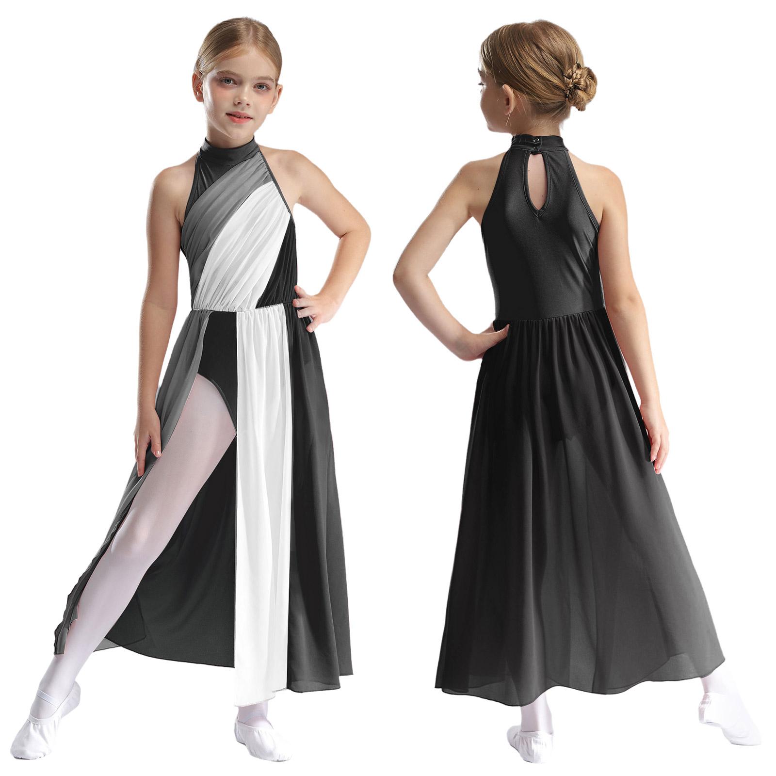 Kinder Mädchen Lyrical Modern Dance Kleid Asymmetrische Split Ballett Gymnastik Trikot Figur Eislaufen Tanzbekleidung Performance Kleider 13-14 Years schwarz