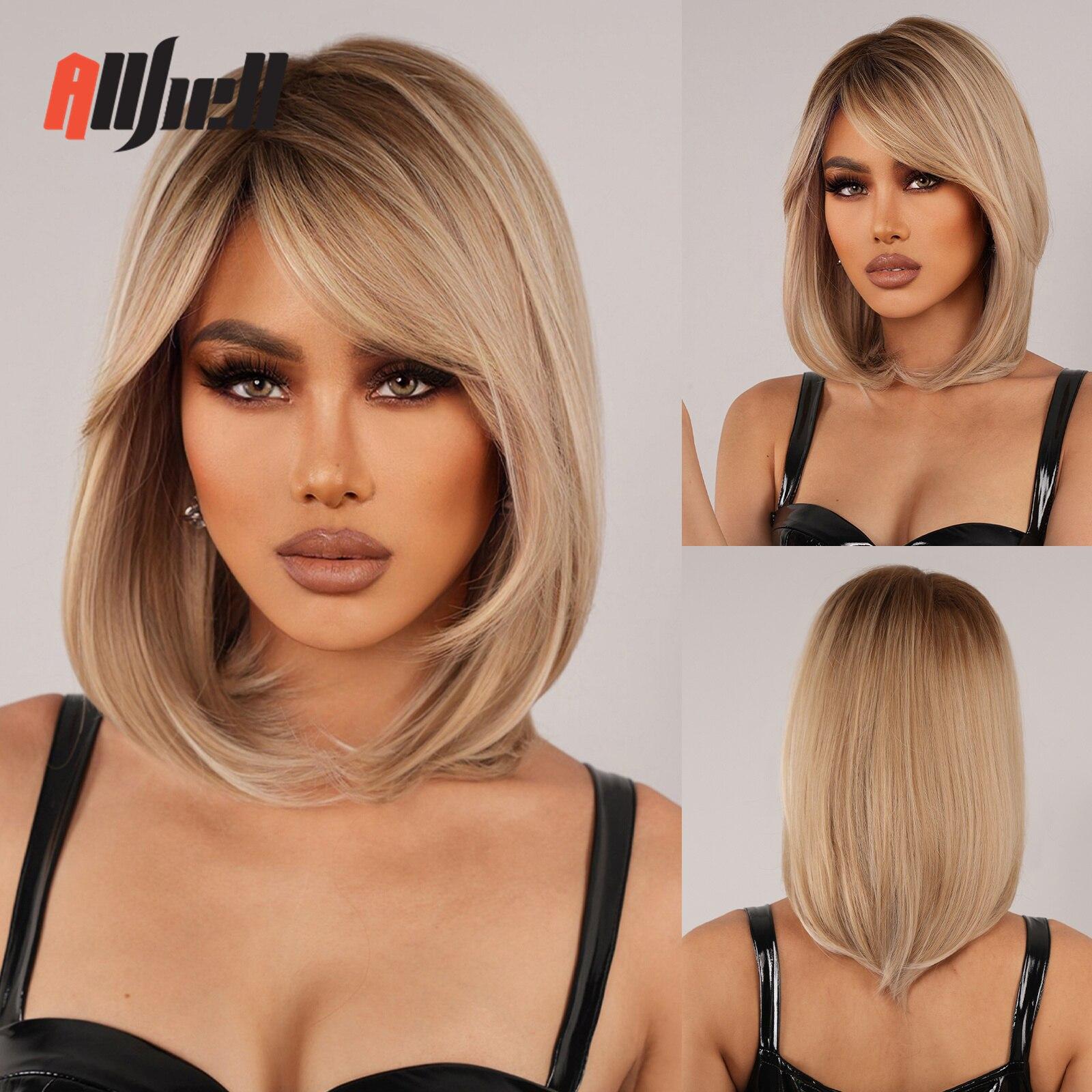 Mittellange geschichtete Haarperücken, blond, goldene Ombre-Synthetikperücke mit Fransen für Frauen, Cosplay, farbige Perücken, hitzebeständiges Haar