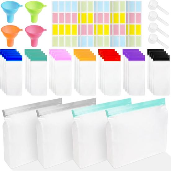 Reisebehälter-Set für Proteinpulver Wiederverwendbare Aufbewahrungsbehälter für Nahrungsergänzungsmittel 28 Stück Einzeldosisbeutel & 4 Stück Große Zip-Beutel Trichter Löffel Proteinpulver 1 Set