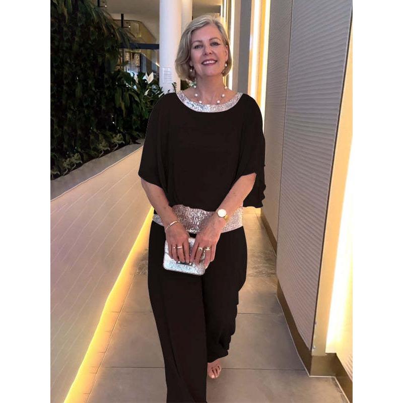 YYFS Damenmode Casual Frühling Herbst Einfarbig Druck 1/2 Ärmel O Hals Hosen Anzüge XXXL schwarz