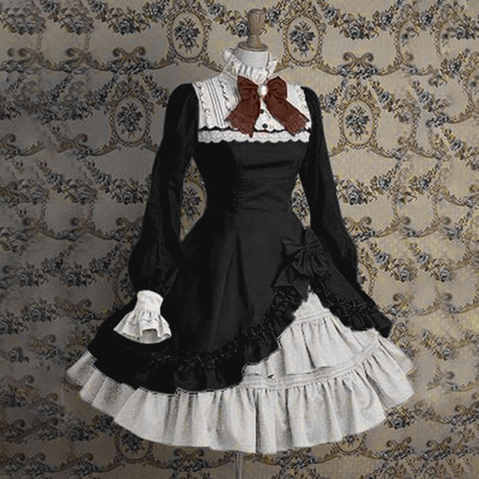 Dame Frauen Spitze Langarm Bowtie Cosplay Kostüme Party Kleid Mit Schleife Gothic S schwarz