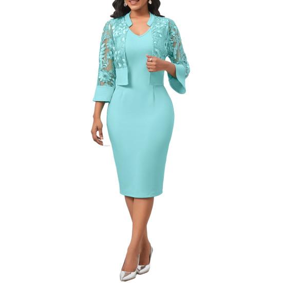 2 Teile/satz Frauen Kleid Mantel Anzug V-ausschnitt Slim Fit Etuikleid Ärmelloses Knielanges Etuikleid Durchsichtige Spitze Cardigan Blumenstickerei Ärmel Mantel Set 4XL hellgrüne