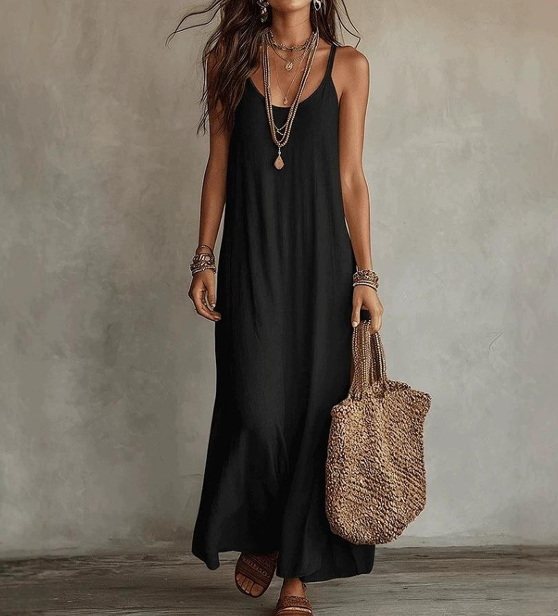 Rückenfreie Cami-Kleider Sommer Damen Boho-Kleid Spaghettiträger Ärmellos Langes Freizeit-Maxikleid Sommerkleid Urlaubs-Strandmode S schwarz