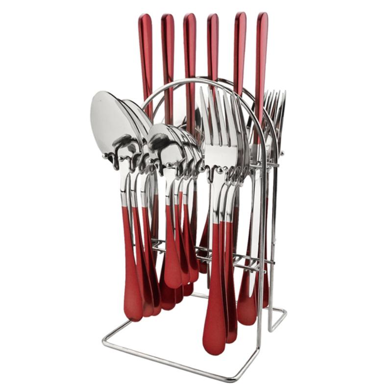 24-teiliges Besteck-Set auf Gestell, Edelstahl-Besteck-Set für Zuhause, Restaurant, Messer, Gabel, Löffel-Set, Küche, Abendessen, Besteck mit Halter silber/rot