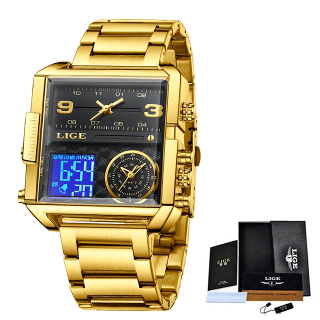 LIGE Top Marke Luxus Herren Uhren Quadratische Digitale Sport Wasserdicht Männer Quarz Armbanduhr gold/schwarz
