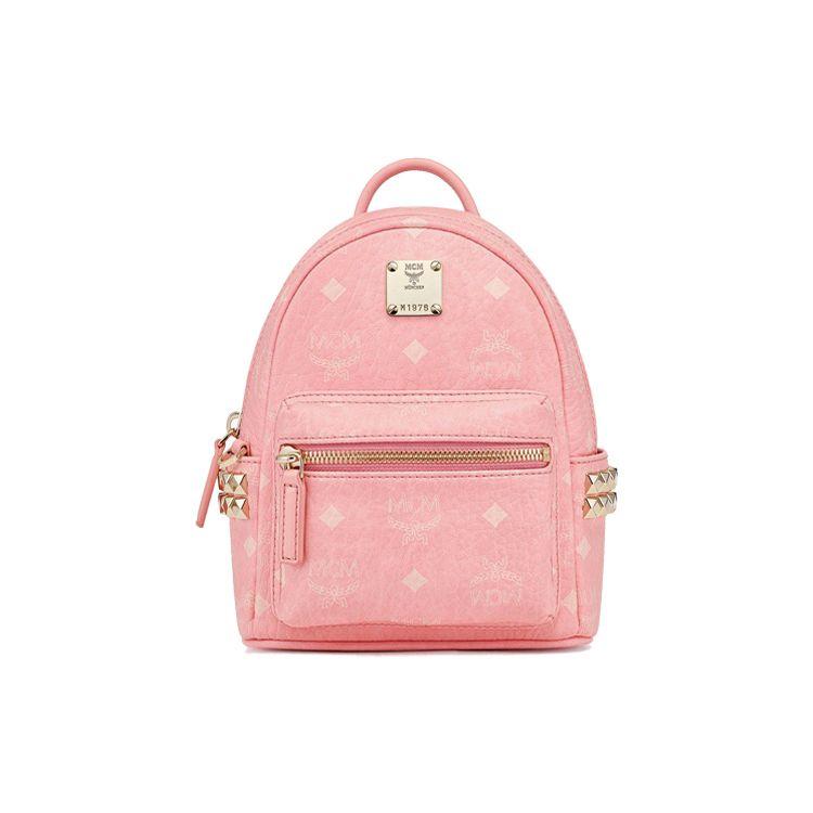 MCM Klassisches Monogramm Nieten Abnehmbarer Schultergurt Crossbody Mini-Rucksack Damen Rucksack Sakura-Rosa MMKAAVE13QZ001 Basic Set (Bag+Dust Bag)