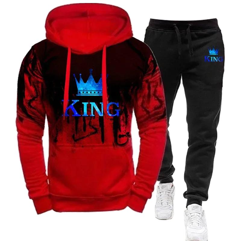 Herbst Winter Herren-Trainingsanzug mit Kapuze und Jogginghose, 2-teiliges Set, modisch, lässig, Streetwear, männlicher Jogginganzug M rot