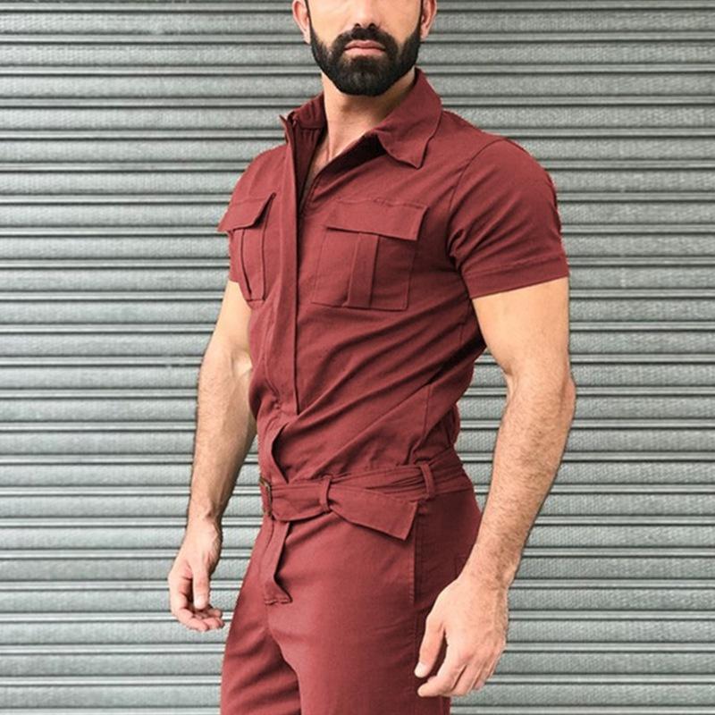 Mode Herren Reine Farbe Overall Frühling Herbst Kurzarm Overalls Overall Plus Größe XL bordeaux