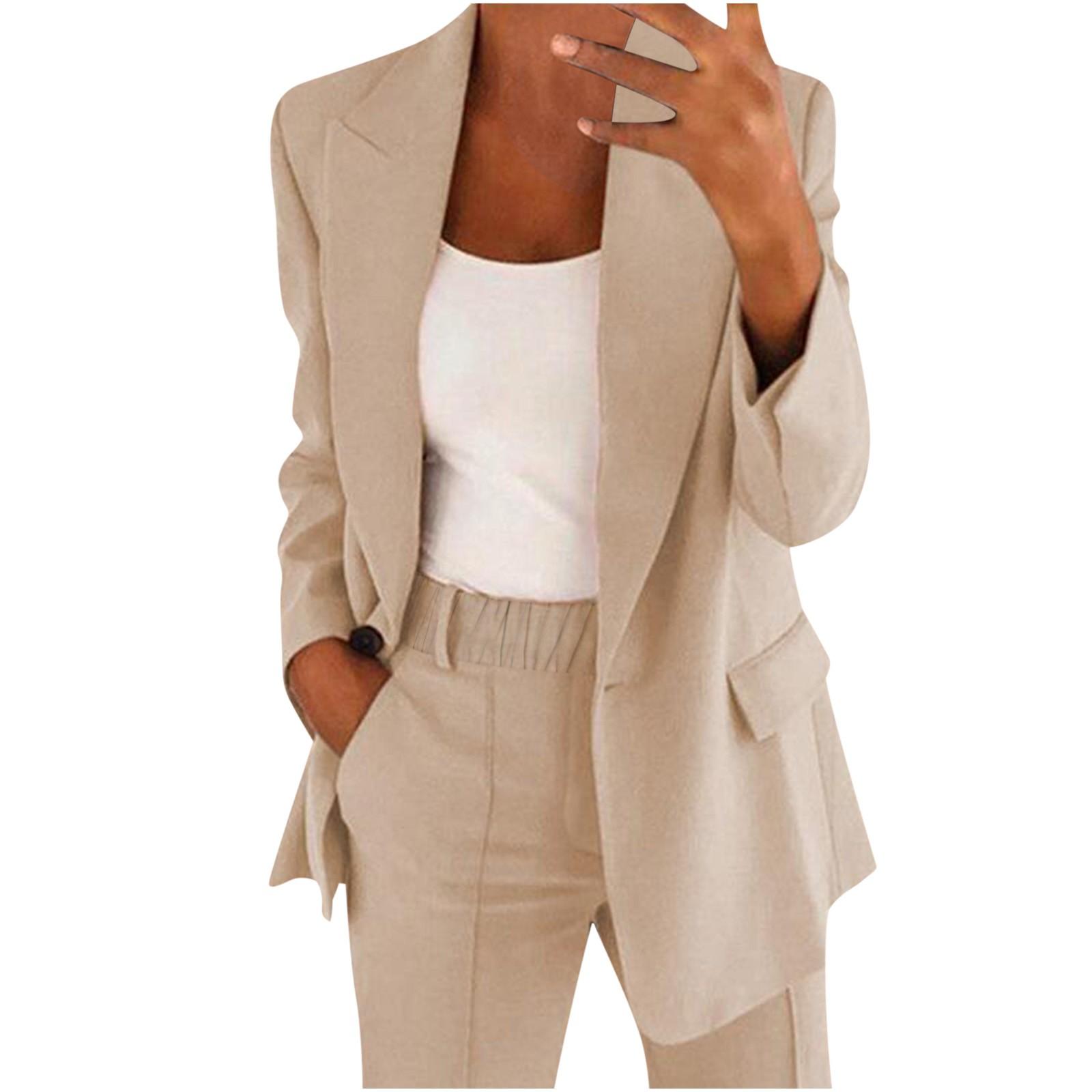 Frauen Casual Langarm Einfarbig Revers Strickjacke Anzug Jacke Hosen Anzug S khaki