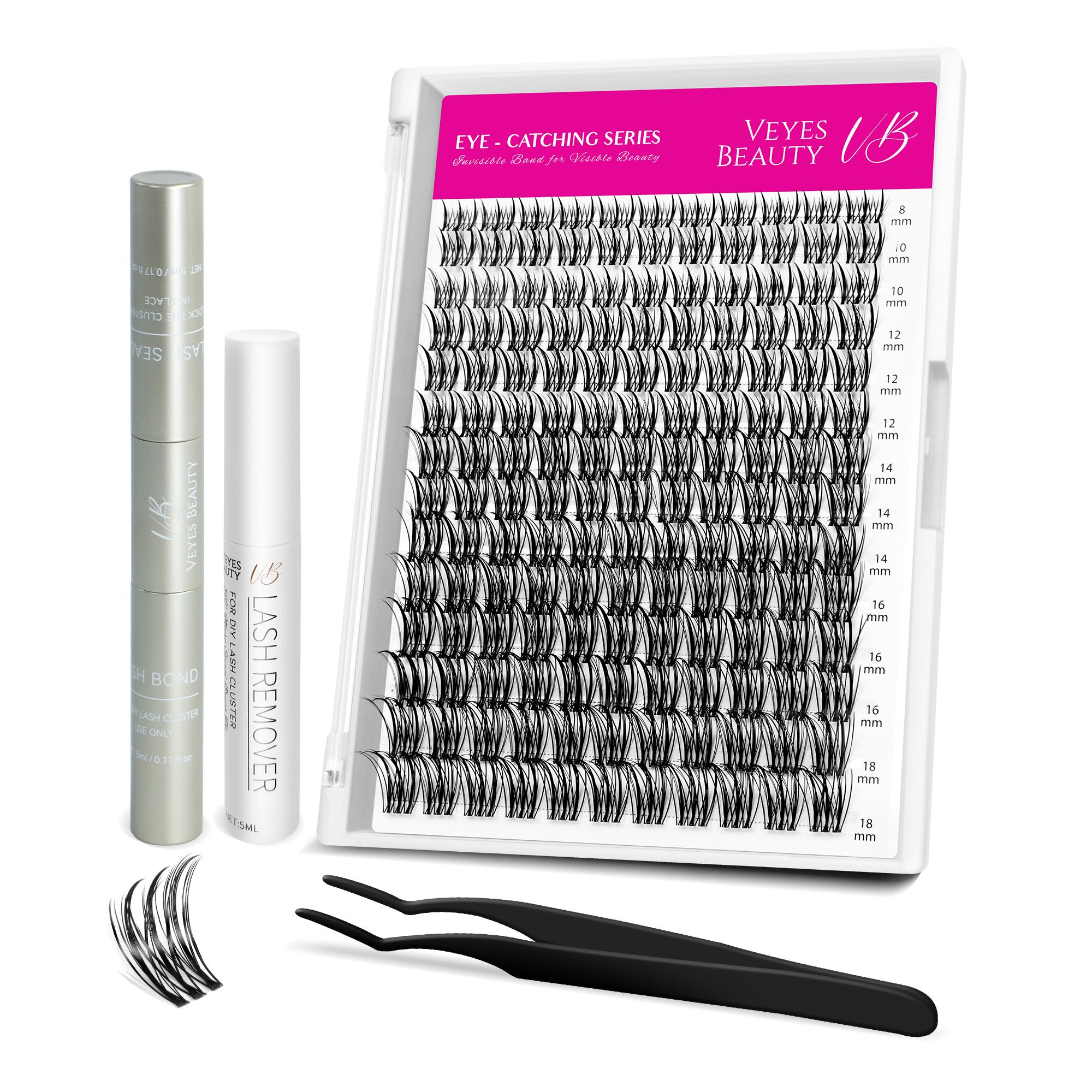 Veyesbeauty Flutter Wimpern-Cluster flattriger Effekt unsichtbares Band 154 Cluster 8-18mm Lash Kit - White Glue schwarz