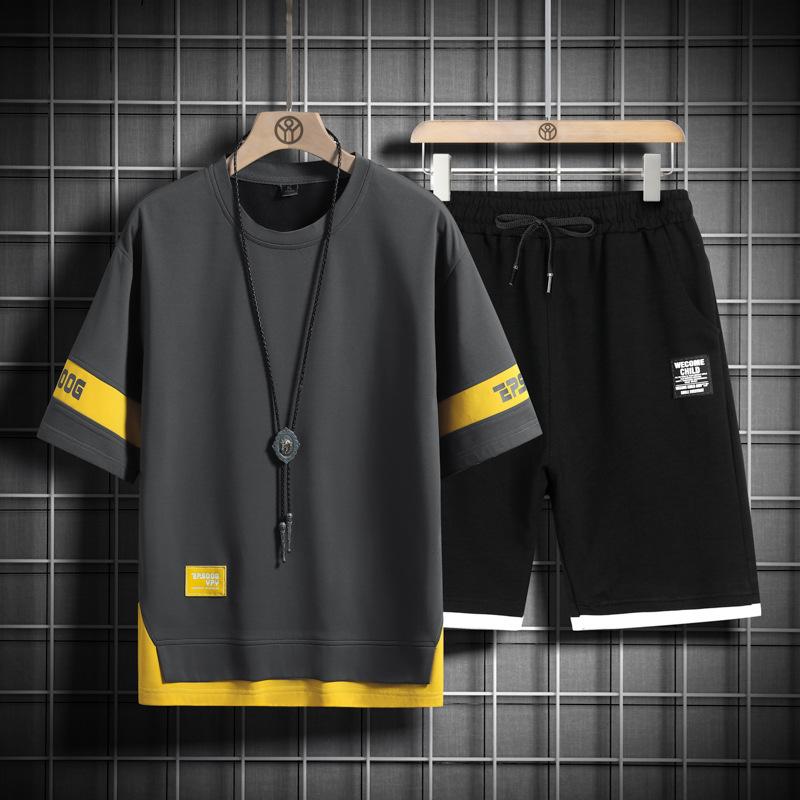 Sommer Schwarz Weiß Trainingsanzüge für Herren Set Ärmel T-Shirt + Shorts Sportswear Marke Sport Anzug Übergröße 5XL M grau