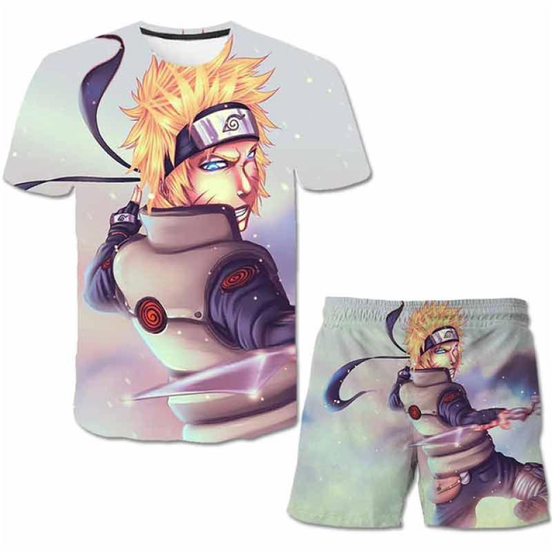 Modische 3D-Kleidung für Kinder, 2-teiliges Set mit Naruto-Aufdruck + Shorts, Hose, Kleidung für 4–14 Jahre, Kinder, Jungen, kurzärmeliges Kostüm-Outfit 160