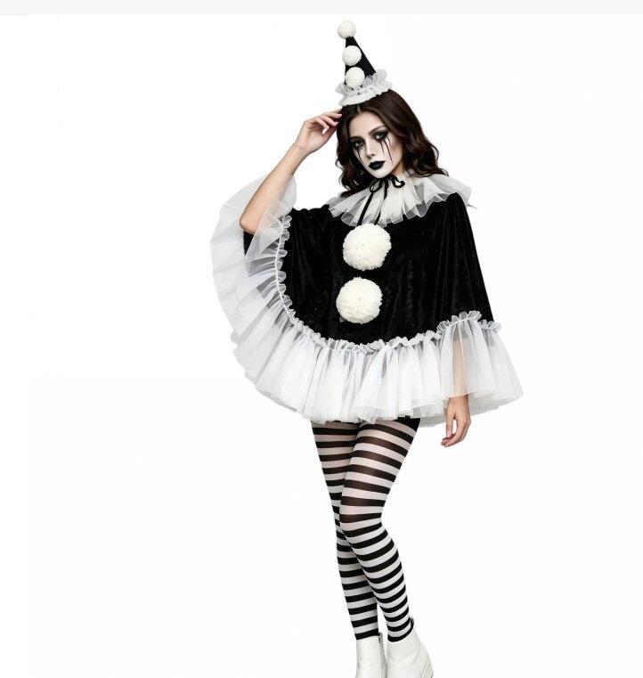 Damen Pierrot Clown Kostüm Schwarz Weiß Spitzenumhang Poncho Karnevalsparty Clown Kostüm Halloween Cosplay Outfit für Erwachsene Damen One Size black