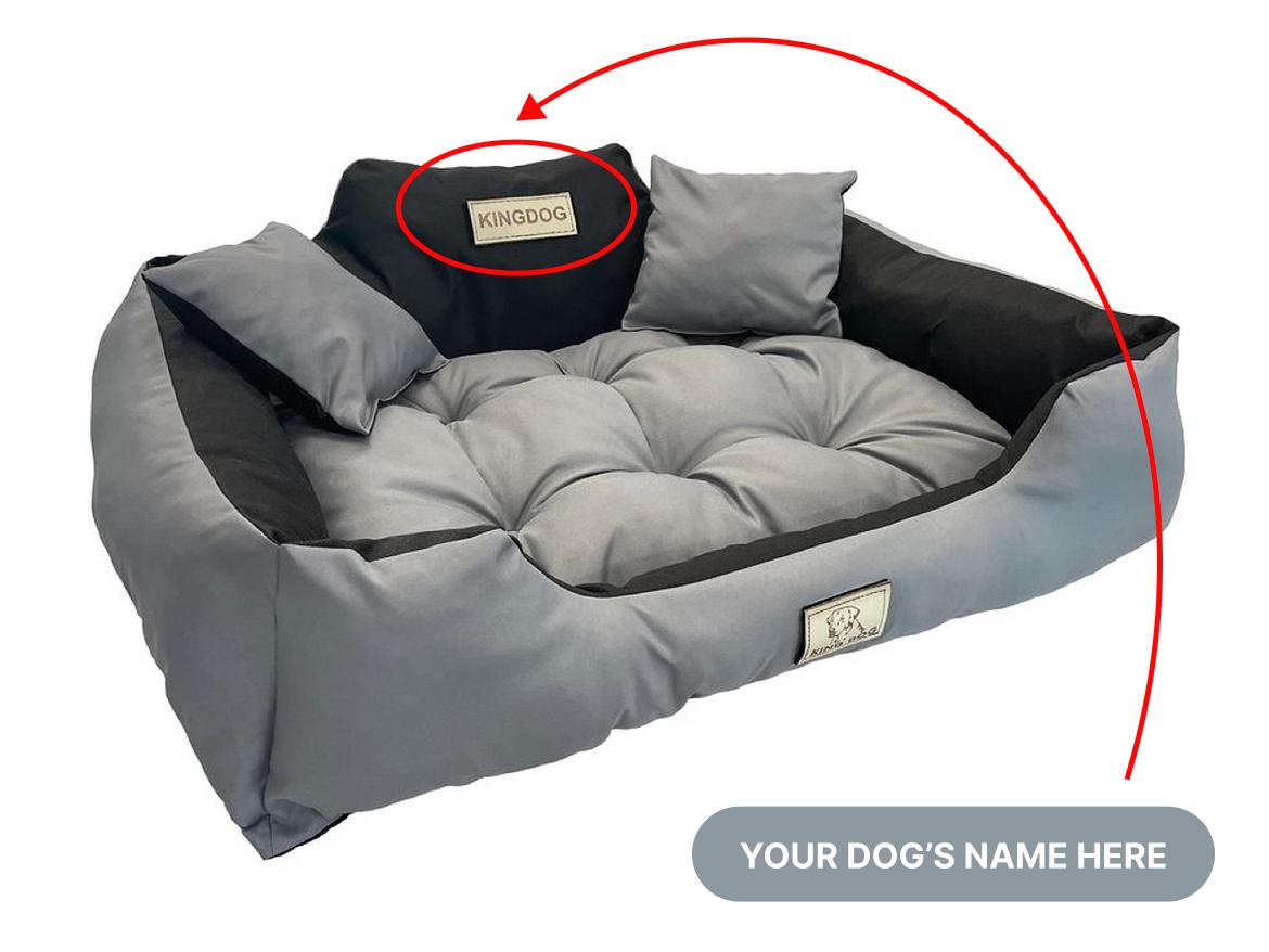 KINGDOG Hundebett mit HUNDENAME wasserdicht langlebig, SML XL XXL 3XL S - 55/45 cm schlachtschiff grau