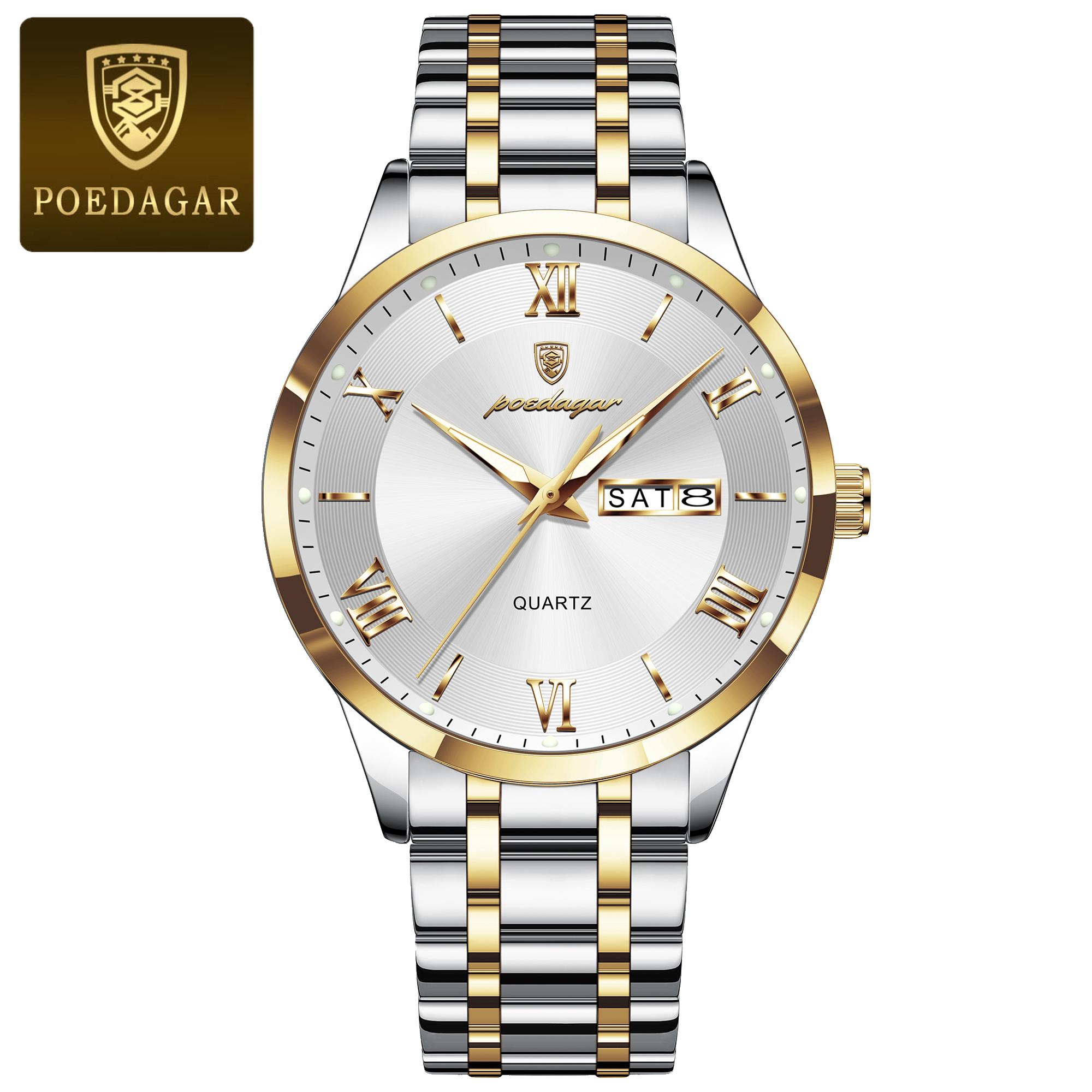 POEDAGAR Luxus Mode Herren Uhr Wasserdicht Leuchtend Wochentag Datum Sport Armbanduhr Edelstahl Quarz Uhren Reloj gold/weiß